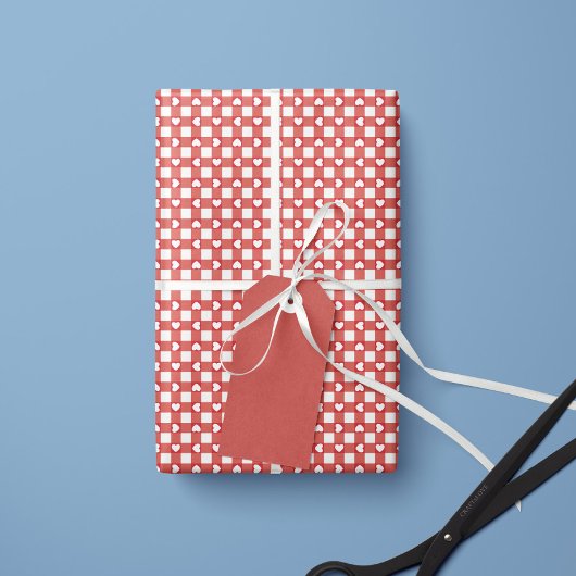 Rote preppy Gingham-Herzen- Geschenkpapierrolle Geschenkpapier