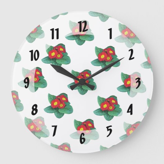 Rote Primeln Große Wanduhr (Vorderseite)