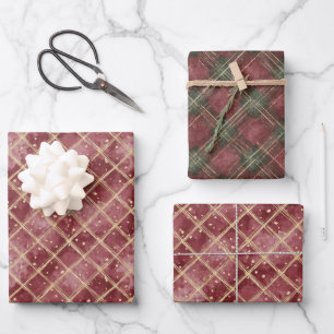 Rote Punkte Grün gestreiftes Karo Weihnachten Geschenkpapier Set
