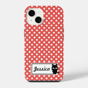 Rote Punkte und schwarze Katze Personalisiert iPhone 14 Hülle