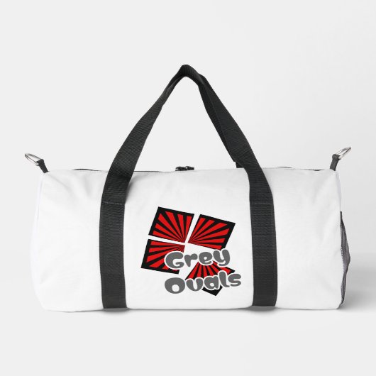Rote Quadrate mit dem Text "Beams and Gray Ovals" Duffle Bag (Vorderseite)