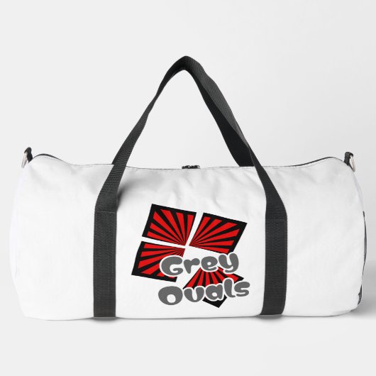 Rote Quadrate mit dem Text "Beams and Gray Ovals" Duffle Bag (Vorderseite)