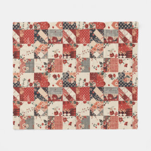 Rote Quilt-Patchwork-Gingham-Cottagecore-Blumen Fleecedecke