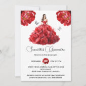 Rote Quinceañera Ballgown Peony Blume Einladung (Vorderseite)