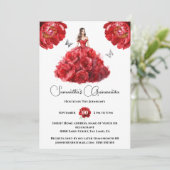 Rote Quinceañera Ballgown Peony Blume Einladung (Stehend Vorderseite)