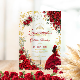 Rote Quinceañera Goldene Schmetterlinge Rosen Acryleinladungen