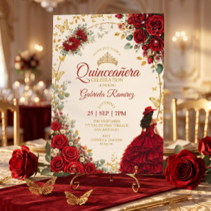 Rote Quinceañera Goldene Schmetterlinge Rosen Einladung