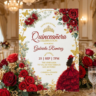 Rote Quinceañera Goldene Schmetterlinge Rosen Einladung