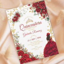 Rote Quinceañera Goldene Schmetterlinge Rosen