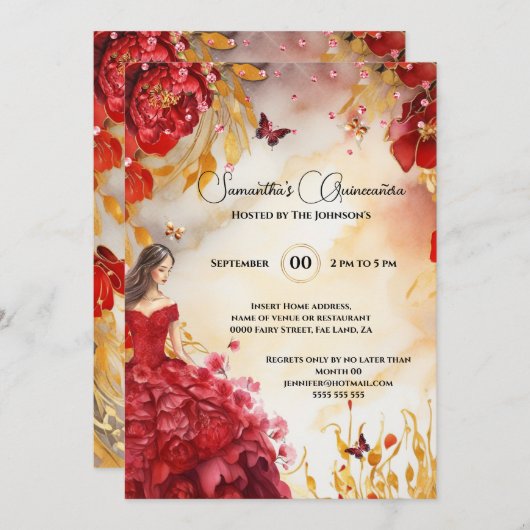 Rote Quinceañera Pony Ballgown Blumenstrauß Blume Einladung (Vorne/Hinten)