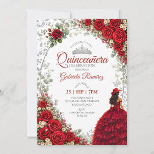 Rote Quinceañera Silber Schmetterlinge Rosen Einladung