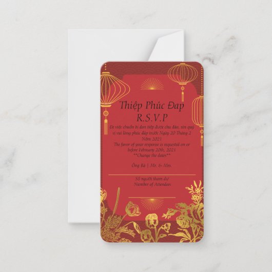 Rote R.S.V.P-Karte, die in Englisch/Vietnamesisch Mitteilungskarte (Vorderseite)