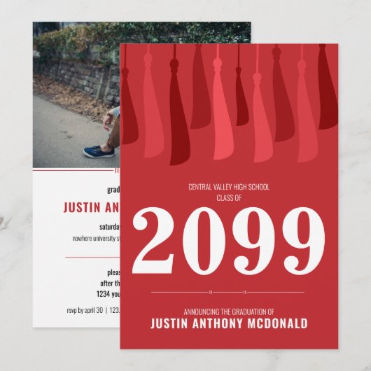 Rote Reihe von Tassels Foto Abschluss Einladung (Vorne/Hinten)