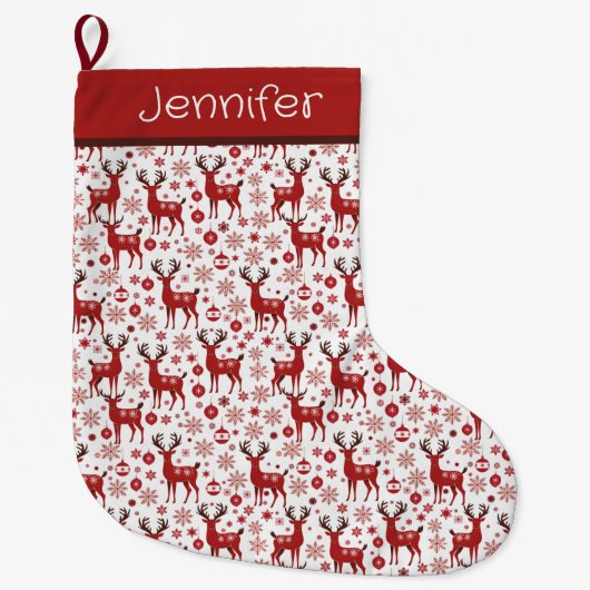 Rote Rentiere und Schneeflocke Personalisiert Großer Weihnachtsstrumpf (Vorderseite)