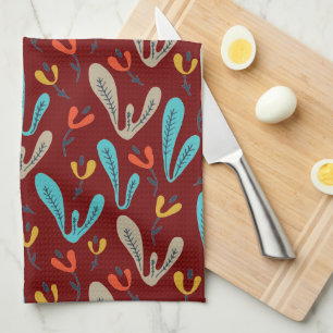 Rote Retro-Blume und botanische Geschirrtuch