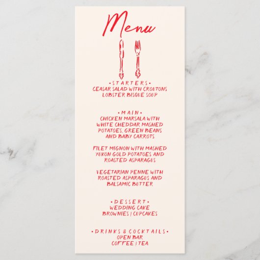 Rote Retro-Handschrift Hochzeit Menükarte (Vorderseite)