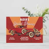 Rote Retro-Klassiker-Auto-Brautabschiedsparty Einladung (Stehend Vorderseite)