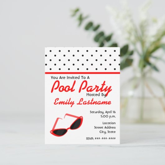 Rote Retro Sonnenbrillen/Polka-Punkte vereinigen Einladung (Stehend Vorderseite)