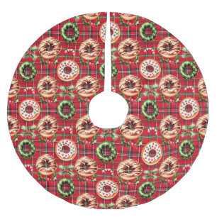 Rote Retro-Weihnachts-Donuts rotes Tartan-Karo Polyester Weihnachtsbaumdecke