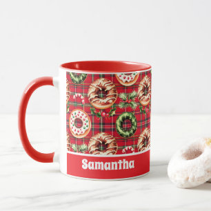 Rote Retro-Weihnachts-Donuts Rotes Tartan-Karo Tasse