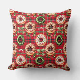 Rote Retro-Weihnachtsdonuts rote Tartan-Karodecke Kissen