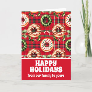 Rote Retro-Weihnachtsdonuts rotes Tartan-Karo Feiertagskarte