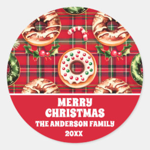 Rote Retro-Weihnachtsdonuts rotes Tartan-Karo Runder Aufkleber