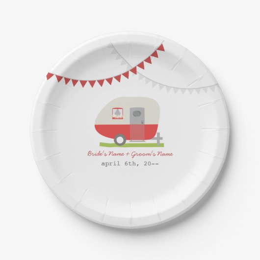 Rote Retro-Wohnwagen-Hochzeit Pappteller (Vorderseite)
