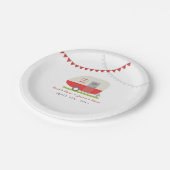 Rote Retro-Wohnwagen-Hochzeit Pappteller (Schrägansicht)