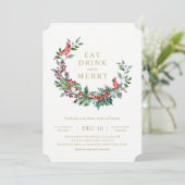 Rote Robin-Feiertagwreath-Party Einladung (Stehend Vorderseite)