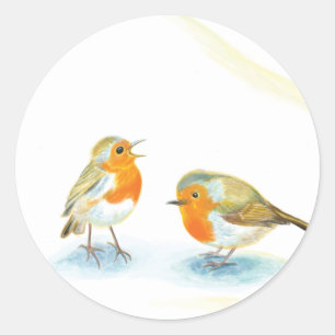Rote Robins im Winter Runder Aufkleber
