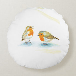 Rote Robins im Winter Rundes Kissen
