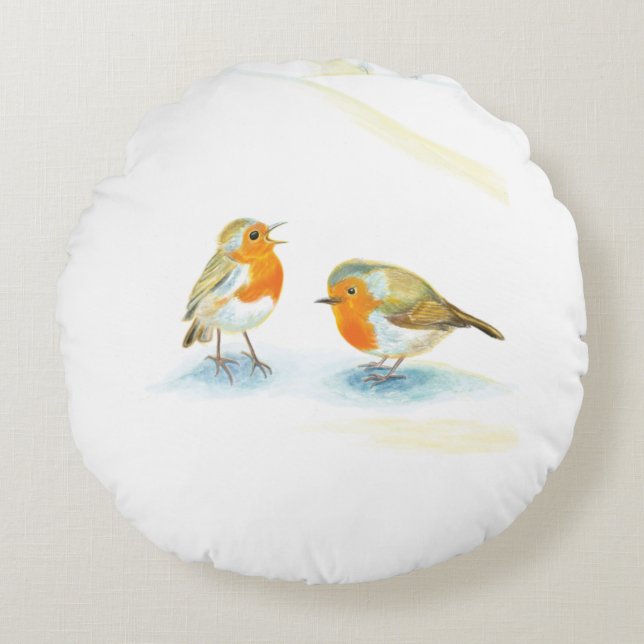 Rote Robins im Winter Rundes Kissen (Vorderseite)