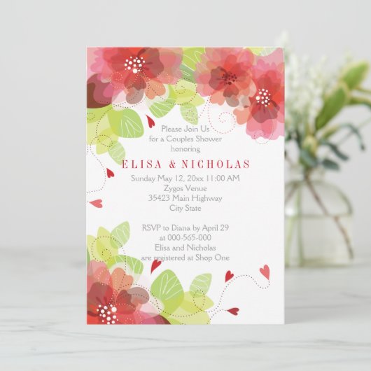 Rote, rosa Blume Blütendusche Einladung (Stehend Vorderseite)