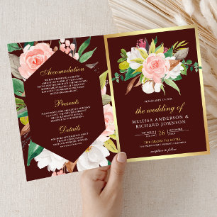 Röte Rosa Blumen Gold Burgund QR Code Hochzeit Einladung