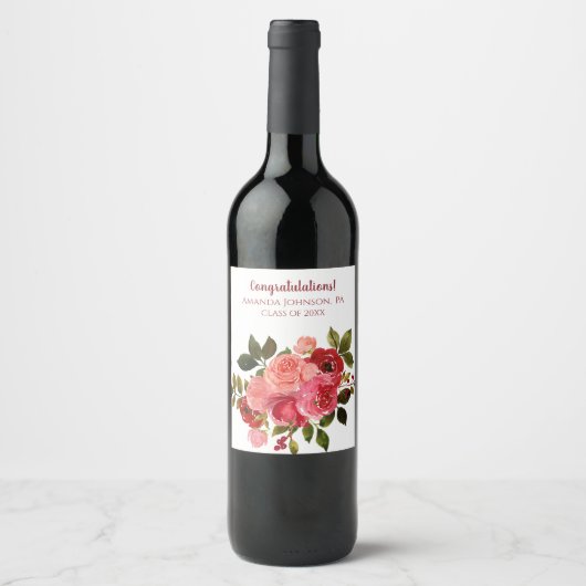 Rote rosa Blumenrose Abschluss Weinetikett (Vorderseite)