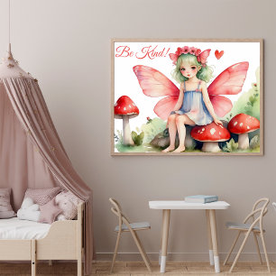 Rote rosa Fee mit Pilzen 'Sei nett'-Zitat Poster