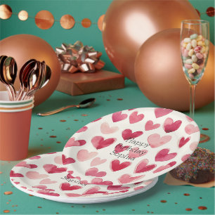 Rote rosa Herzen Geburtstag Pappteller