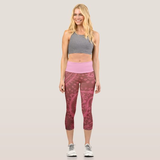 Rote rosa Paisley Capri Leggings SMALL (Vorderseite)