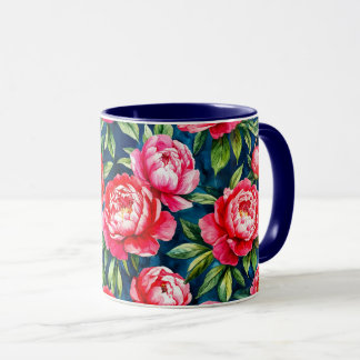 Rote rosa Pfingstrosen und grüne Blätter blaues Mu Tasse