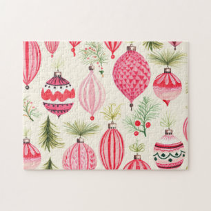 Rote rosa Retro-Ornamente Weihnachten Puzzle