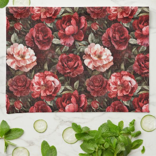 Rote rosa Rosenblüten Geschirrtuch (Gefaltet)