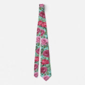 Rote, rosa und Magenta Rose Blume mit grünen Blätt Krawatte (Rückseite)