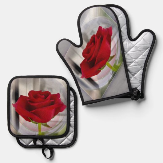 Rote Rose 2 Ofenhandschuh & Topflappen-Set (Vorderseite/Rückseite)