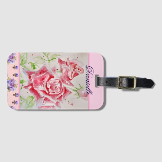 Rote Rose Aquarellfarbene Rose Rosa Blumenmädchen Gepäckanhänger (Vorderseite (Horizontal))