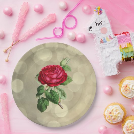 Rote Rose auf einem goldenen Bokeh-Licht-Hintergru Pappteller (Party)