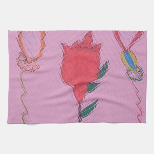 Rote Rose auf Rosa: Blumengrafik am Border Art Pri Handtuch (Horizontal)