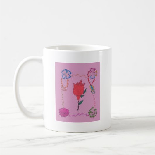 Rote Rose auf Rosa: Blumengrafik am Border Art Pri Kaffeetasse (Links)