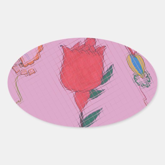 Rote Rose auf Rosa: Blumengrafik am Border Art Pri Ovaler Aufkleber (Vorderseite)