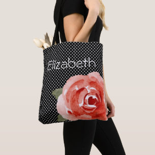 Rote Rose auf Schwarz mit Weißen Punkten Tasche